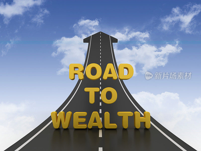 Road Arrow with Road TO WEALTH Phrase on Sky - 3D渲染